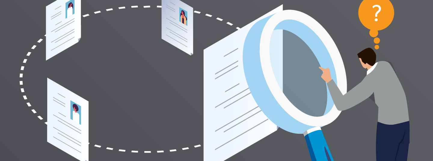 digital illustration of a man looking at resumes with a giant magnifying glass