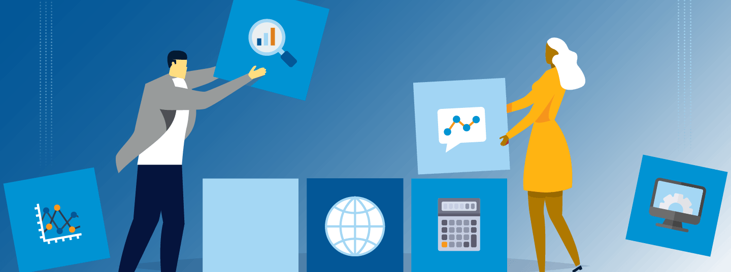 digital illustration of two people stacking big blocks labeled with various business icons