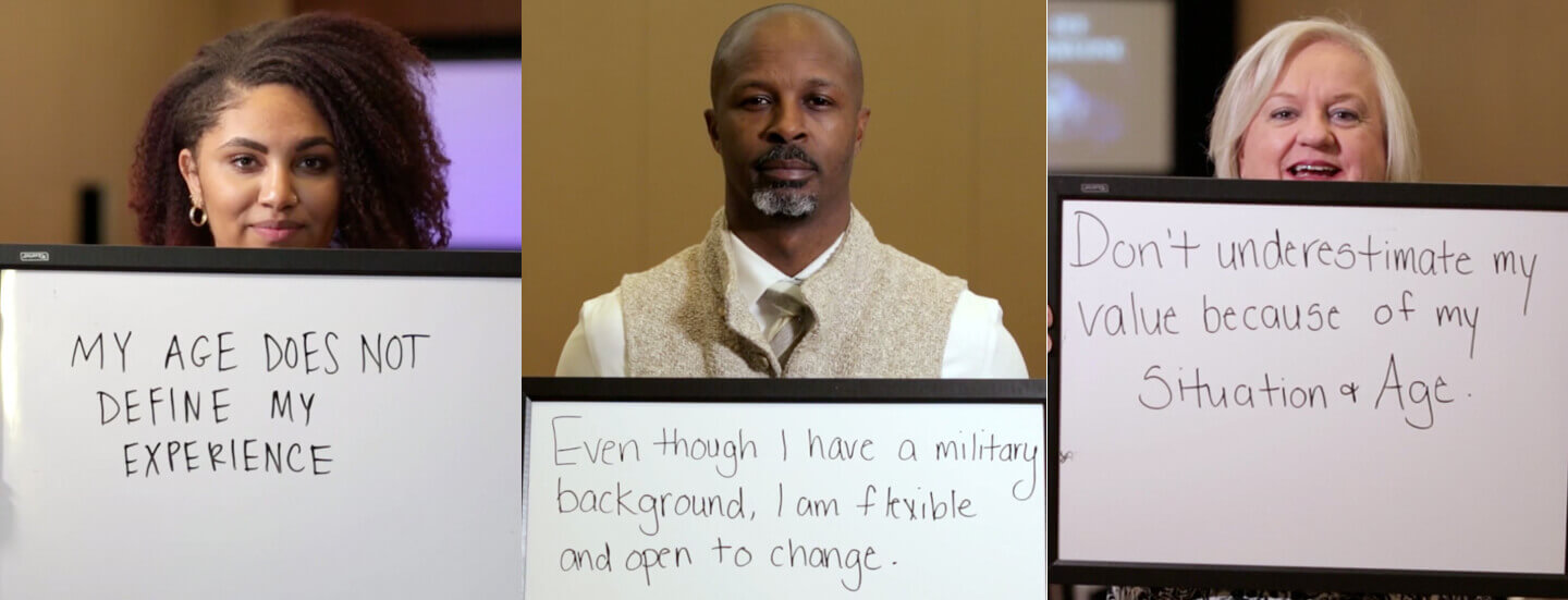 photo collage of three people holding handwritten signs with statements about workplace discrimination