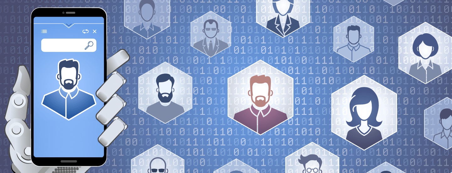 digital illustration of a robot hand holding a phone displaying a man's professional headshot in front of of several other floating headshots