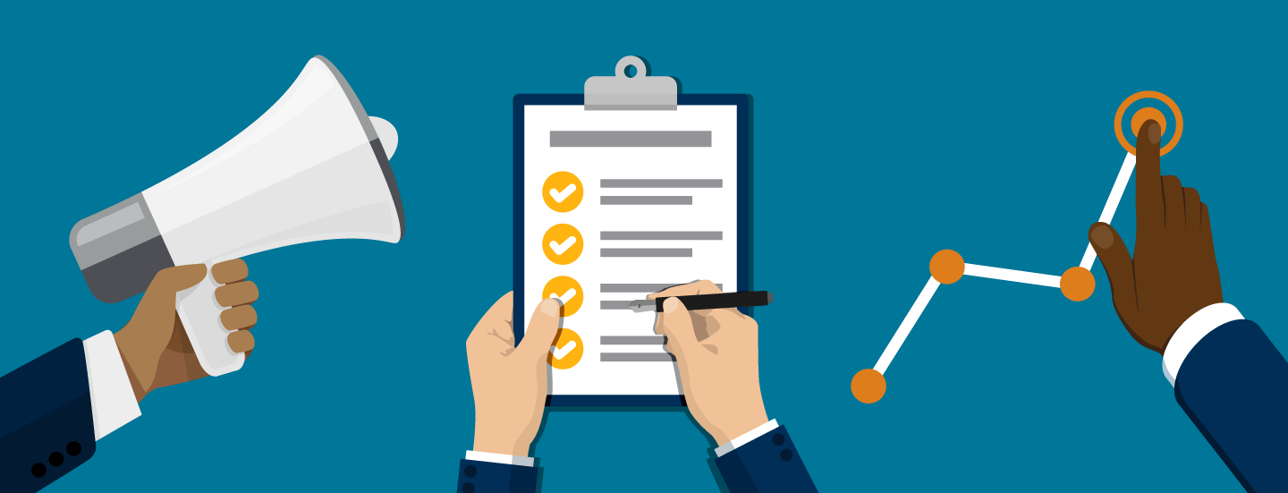 digital illustration of various business men's hands holding business objects