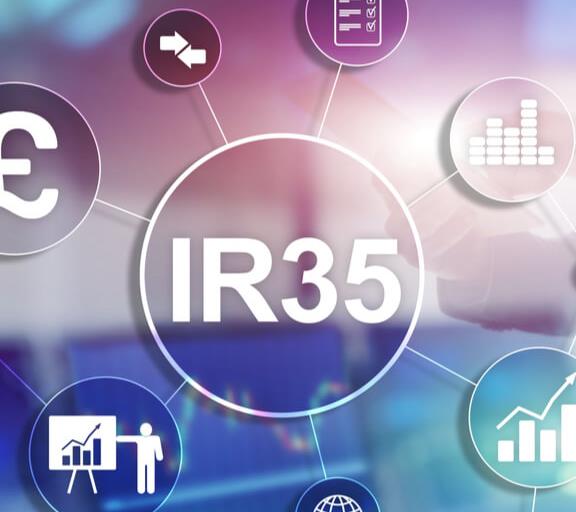 digital illustration of a web of analytics icons connecting to large text in the center reading 'IR35'